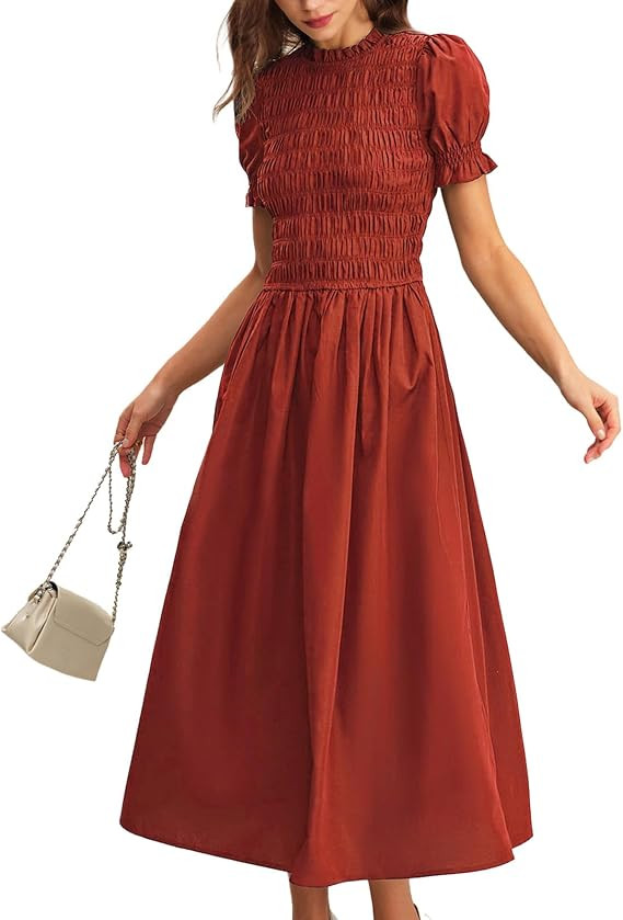 RIHOAS Plaid Gingham Midi Dress Short Sleeve Smocked Dresses for Women | Amazon (US)