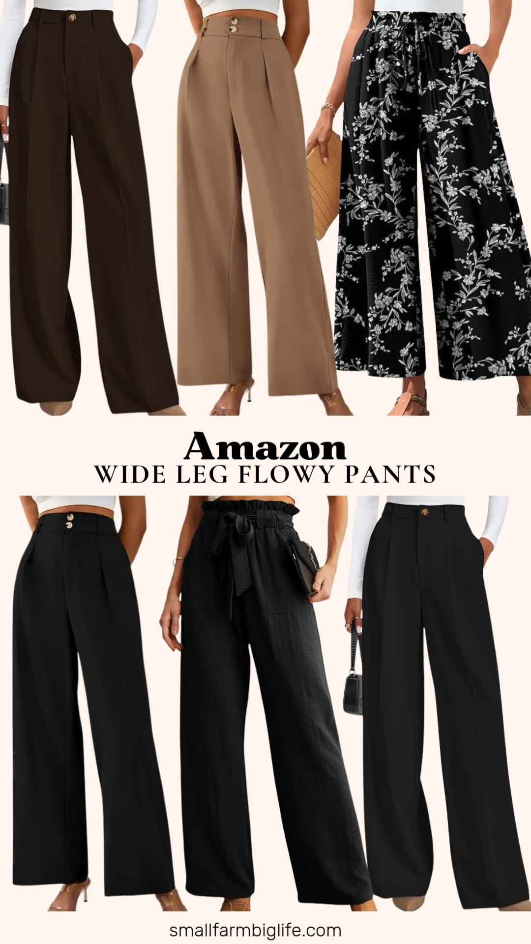 These wide leg flowy pants are the perfect work pant for transitioning between hot summer days and cooler fall mornings.
I am loving the black and dark brown PRETTYGARDEN high waisted flowy palazzo dress pants for an easy business casual look, and the black IWOLLENCE adjustable knot ankle palazzo pants for a more relaxed office or lounge outfit. The black and white floral Bestbee gaucho cropped palazzo pants add a fun print into the mix, and the black and khaki BTFBM pleated wide leg trousers are perfect for a polished, put together workwear look.
Shop all of my favorite wide leg flowy pants from Amazon linked in this post. 

 #LTKootd #LTKOver40 #LTKWorkwear