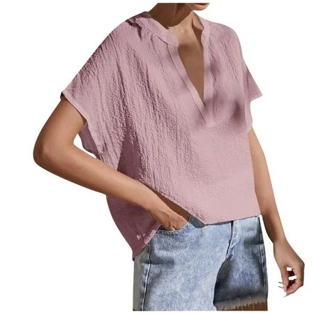 MIARHB Women Cotton Linen V-Neck Solid Color Loose Summer Top Plain Short Set S-3XL | Walmart (US)