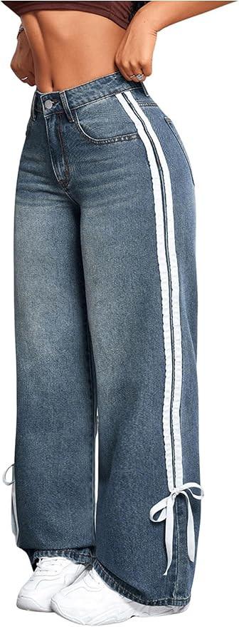 MakeMeChic Women's Straight Wide Leg Denim Pants Striped Bow Rise Jeans with Pocket Y2K Streetwea... | Amazon (US)