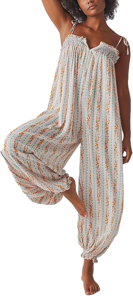 Women Boho Floral Loose Overalls Sleeveless Tie Up Boat Neck Ruched Spaghetti Strap Jumpsuit Bagg... | Amazon (US)