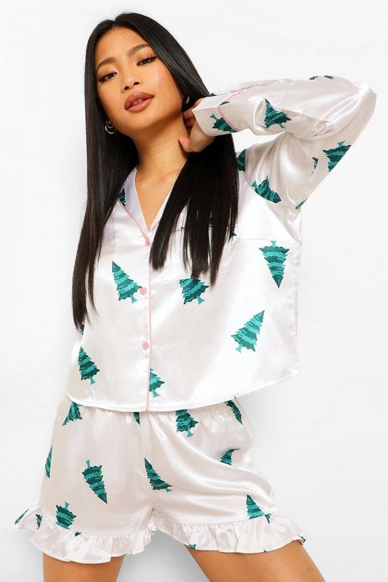 Petite Christmas Satin 3 Piece Short and Scrunchie PJ Set | Boohoo.com (US & CA)