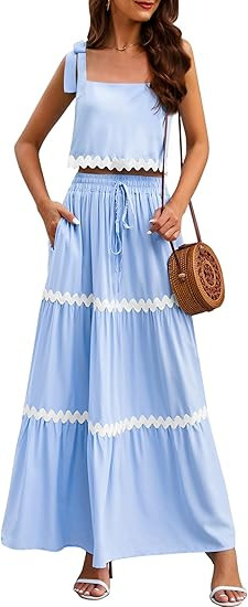 Womens Two Piece Skirt Set 2024 Summer Sets Tank Top Maxi Skirt Beach Vacation Outfits with Pocke... | Amazon (US)