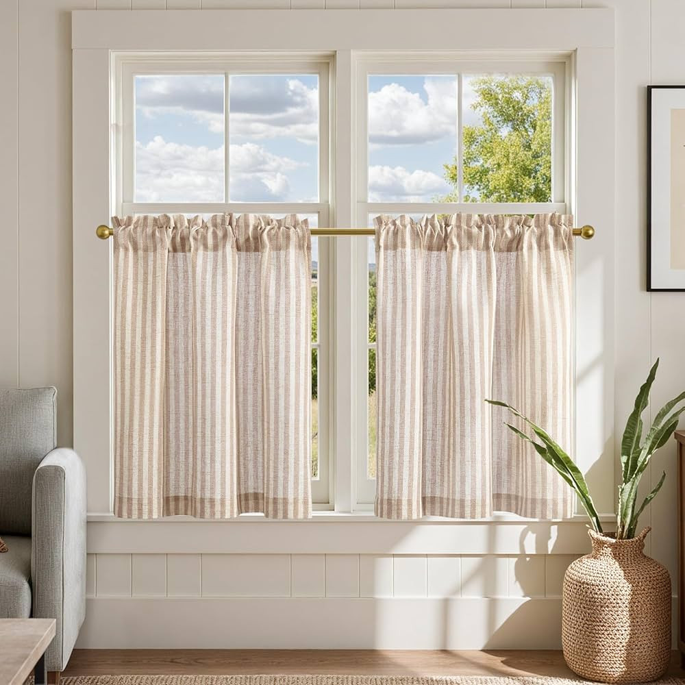 jinchan Striped Linen Kitchen Curtains Ticking Stripe Cafe Curtains for Living Room Bathroom Farm... | Amazon (US)