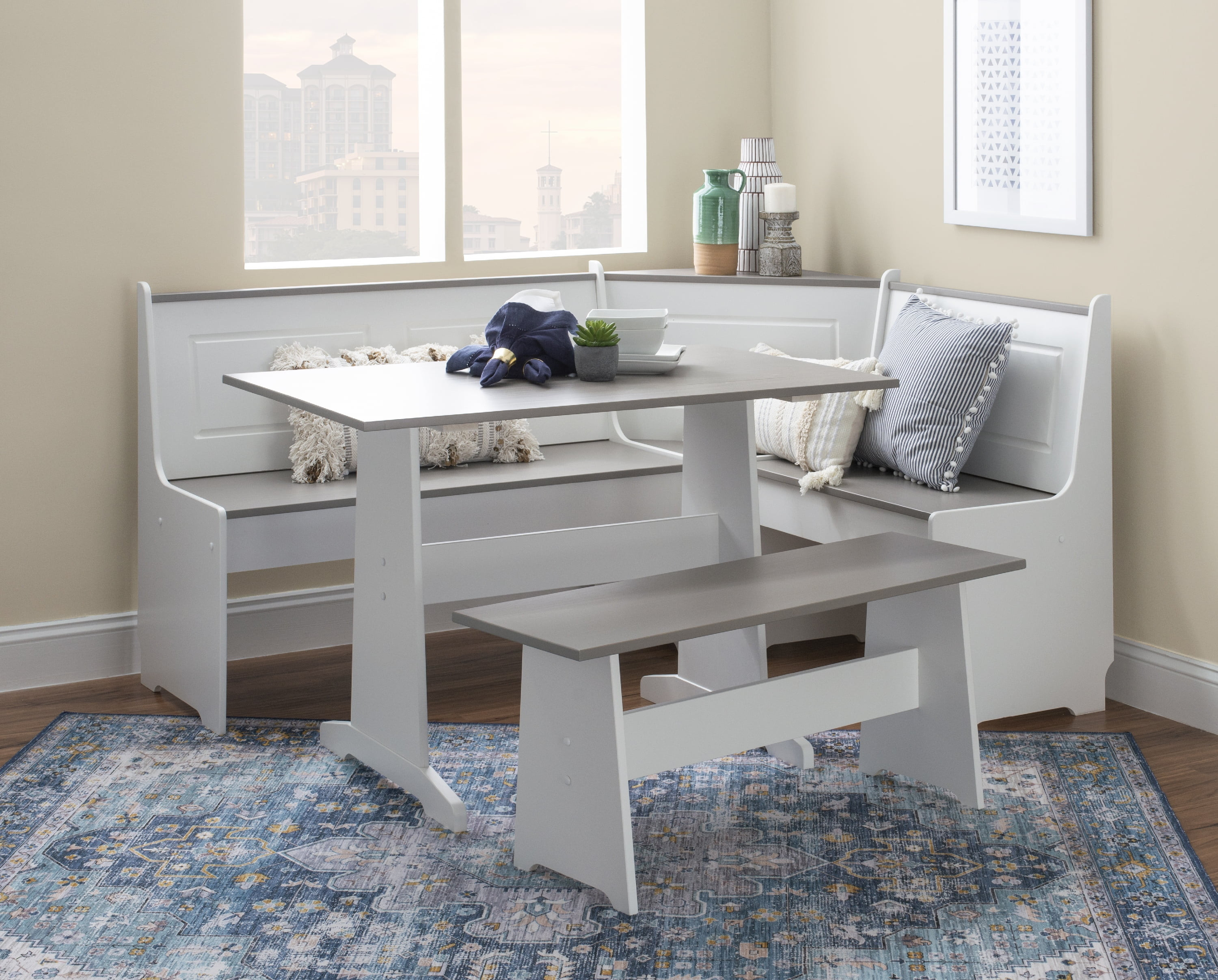 Linon Ardmore Corner Dining Breakfast Nook with Table and Storage, Seats 5, White and Gray | Walmart (US)