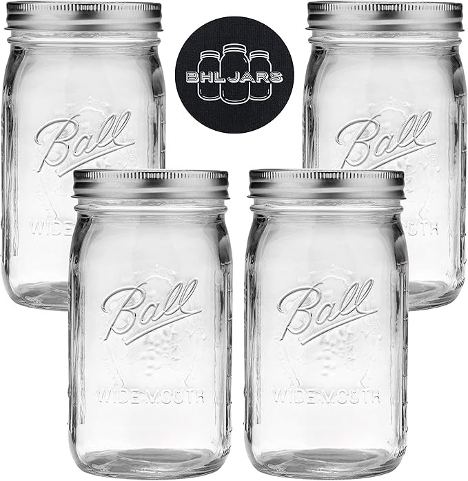 Ball Mason Jars Wide Mouth 32 oz Bundle with Non Slip Jar Opener brand BHL Jars - Set of 4 Quart ... | Amazon (US)