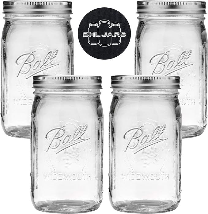 Ball Mason Jars Wide Mouth 32 oz Bundle with Non Slip Jar Opener brand BHL Jars - Set of 4 Quart ... | Amazon (US)