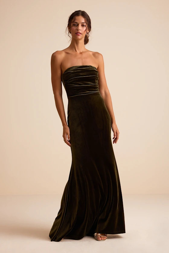 Maren Olive Velvet Strapless Mermaid Maxi Dress | Lulus