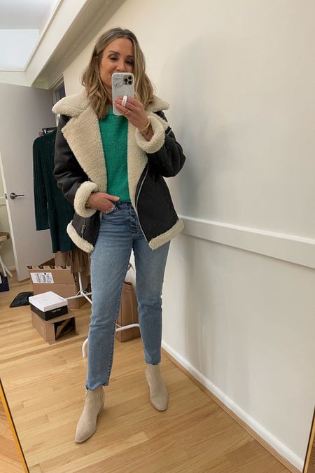 St. Patrick’s Day ootd! Green sweater, straight leg jeans, beige booties, faux leather shearling moto jacket, spring outfit, date night outfit, mango, Evereve, dolce vita 

#LTKunder100 #LTKFind #LTKstyletip