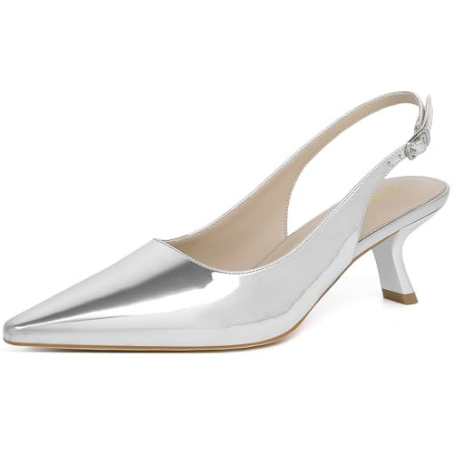 RIBONGZ Silver Kitten Heels for Women Pointed Closed Toe Pumps Patent Leather Low Heel Slingback Heels with Buckle Strappy Comfort Dress Shoes for Dating Wedding Prom Party Working Size 11 | Amazon (US)