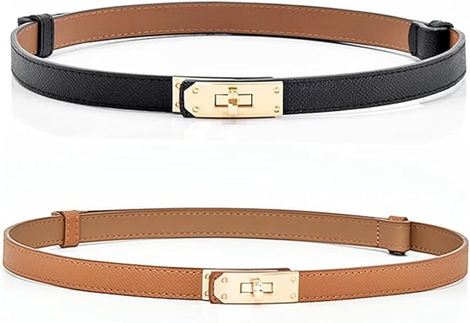 Cntuohai 2 in 1 Women's Skinny Leather Belt,Alloy Turn Lock Adjustable Slim Thin Waist Belt For D... | Amazon (US)