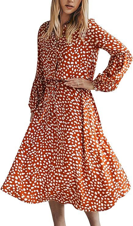 CinShein Womens Casual Wrap Midi Dress Long Sleeves Floral Boho Leopard Polka Dot Flower A Line B... | Amazon (US)