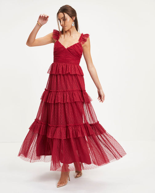 Love Is All We Need Tiered Tulle Maxi Dress - Red | VICI