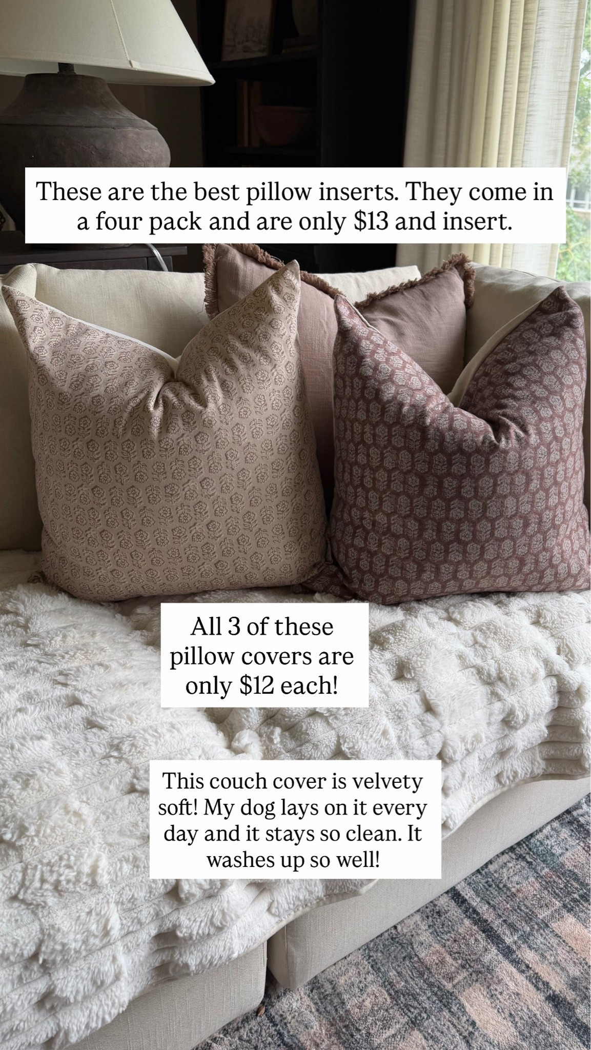 These are the best pillow inserts you will find and they are such a great price. They are the perfect level of plush. Also, these pillow covers are all so affordable and this couch cover is amazing if you have pets. It’s velvety soft. Everything is from Amazon!

#LTKHome