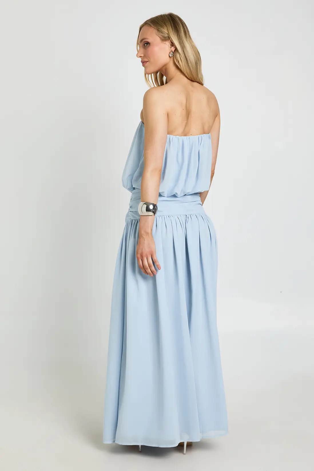 Pale Blue Petite Chiffon Bandeau Blouson Ruched Drop Waist Maxi Dress | Boohoo | Boohoo.com (UK & IE)