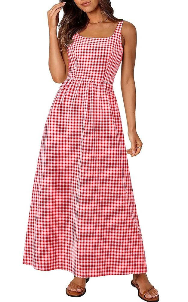 PRETTYGARDEN Women's 2025 Summer Spaghetti Strap Maxi Dresses Plaid Square Neck A Line Casual Bea... | Amazon (US)