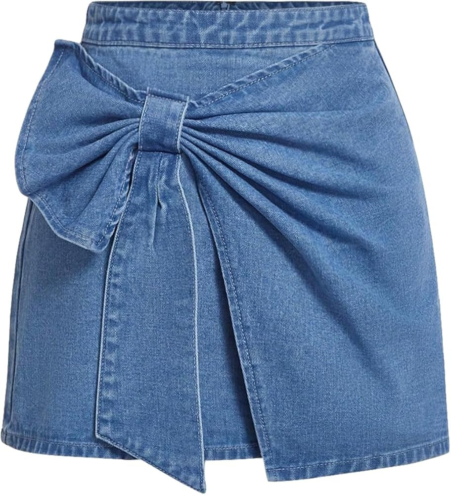 Floerns Women's Plus Size High Waist Denim Skirt Wrap Front Bow Bodycon Mini Skirt | Amazon (US)