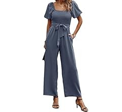 Angashion Women's Jumpsuits Square Neck Puff Short Sleeve Smocked Waist Wide Leg Outfit Rompers P... | Amazon (US)