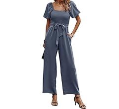 Angashion Women's Jumpsuits Square Neck Puff Short Sleeve Smocked Waist Wide Leg Outfit Rompers P... | Amazon (US)