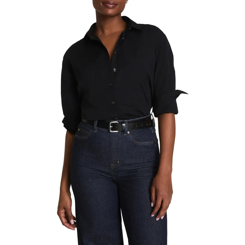 SPANX® Relaxed Fit Poplin Button-Up Shirt in Classic Black at Nordstrom, Size Medium | Nordstrom