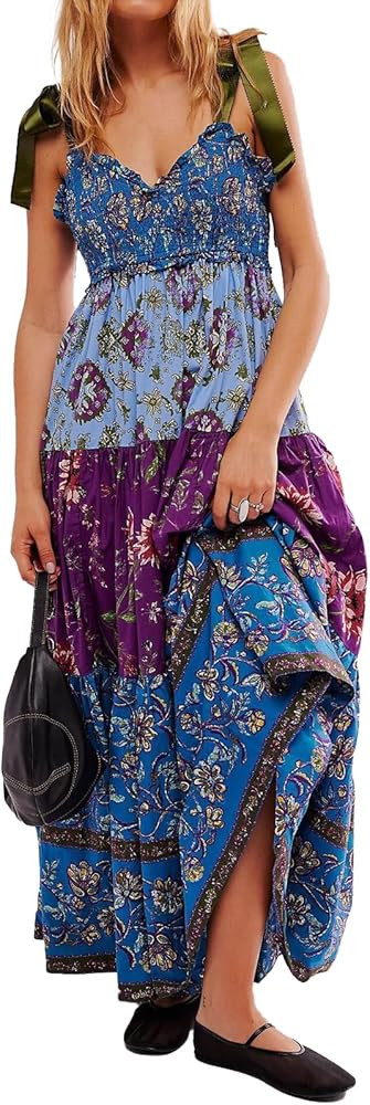 Women Floral Maxi Dress Sleeveless Tie Shoulder Bohemian Flowy Smocked Dresses Casual Summer Sund... | Amazon (US)