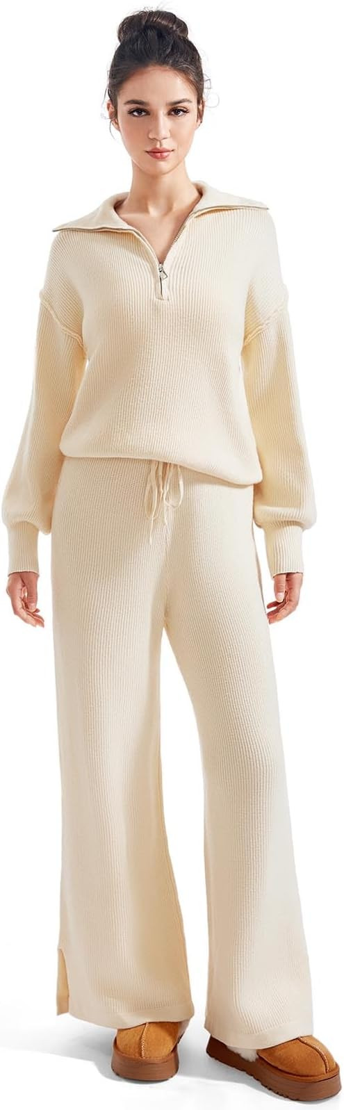 SUUKSESS Women 2 Piece Lounge Sets Oversized Quarter Zip Pullover Wide Leg Pants | Amazon (US)