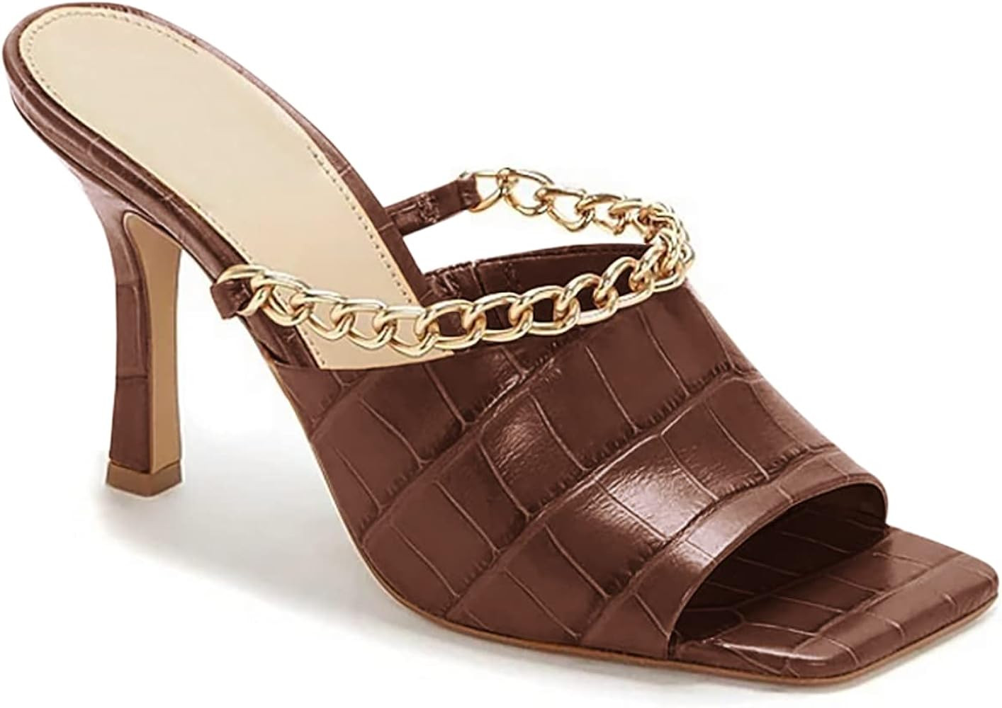 Coutgo Womens Kitten Heels Sandals Mules Chain Square Toe High Heeled Slip on Summer Dress Shoes | Amazon (US)