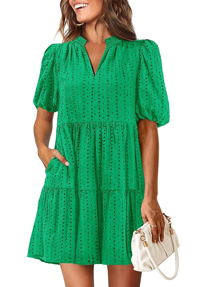 KIRUNDO Eyelet Summer Dresses for Women 2025 Mini Casual Hollow Out Short Sleeve Lace Tiered V Ne... | Amazon (US)