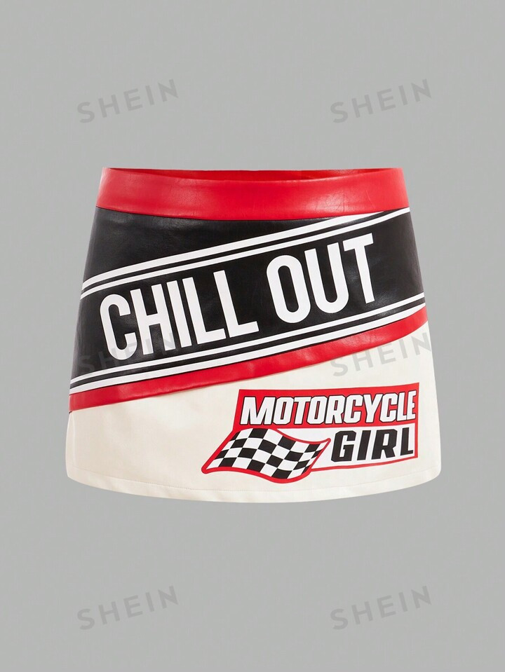 SHEIN ICON Plus Size Colorblock Pu Leather Skirt With Letter Print | SHEIN