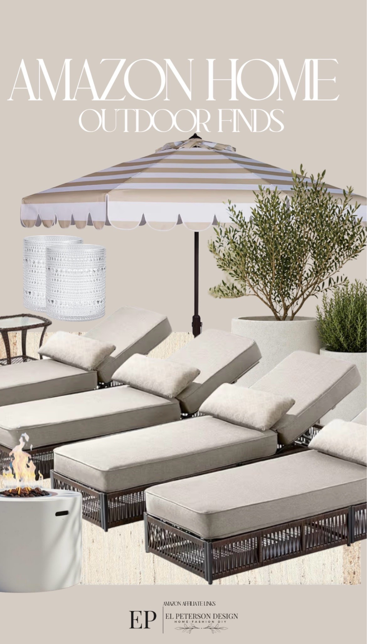 Amazon
Outdoor umbrella
4 pc chaise lounge set
Drinking glasses
Rug
Fire pit
Planters

#LTKHome