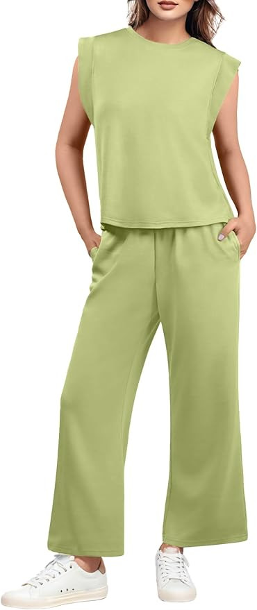 GRECERELLE 2025 Two Piece Sets for Women Summer Round Neck Cap Sleeve Top and Wide Leg Pants with... | Amazon (US)