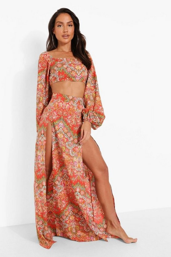 Printed Balloon Sleeve Beach Top | Boohoo.com (US & CA)