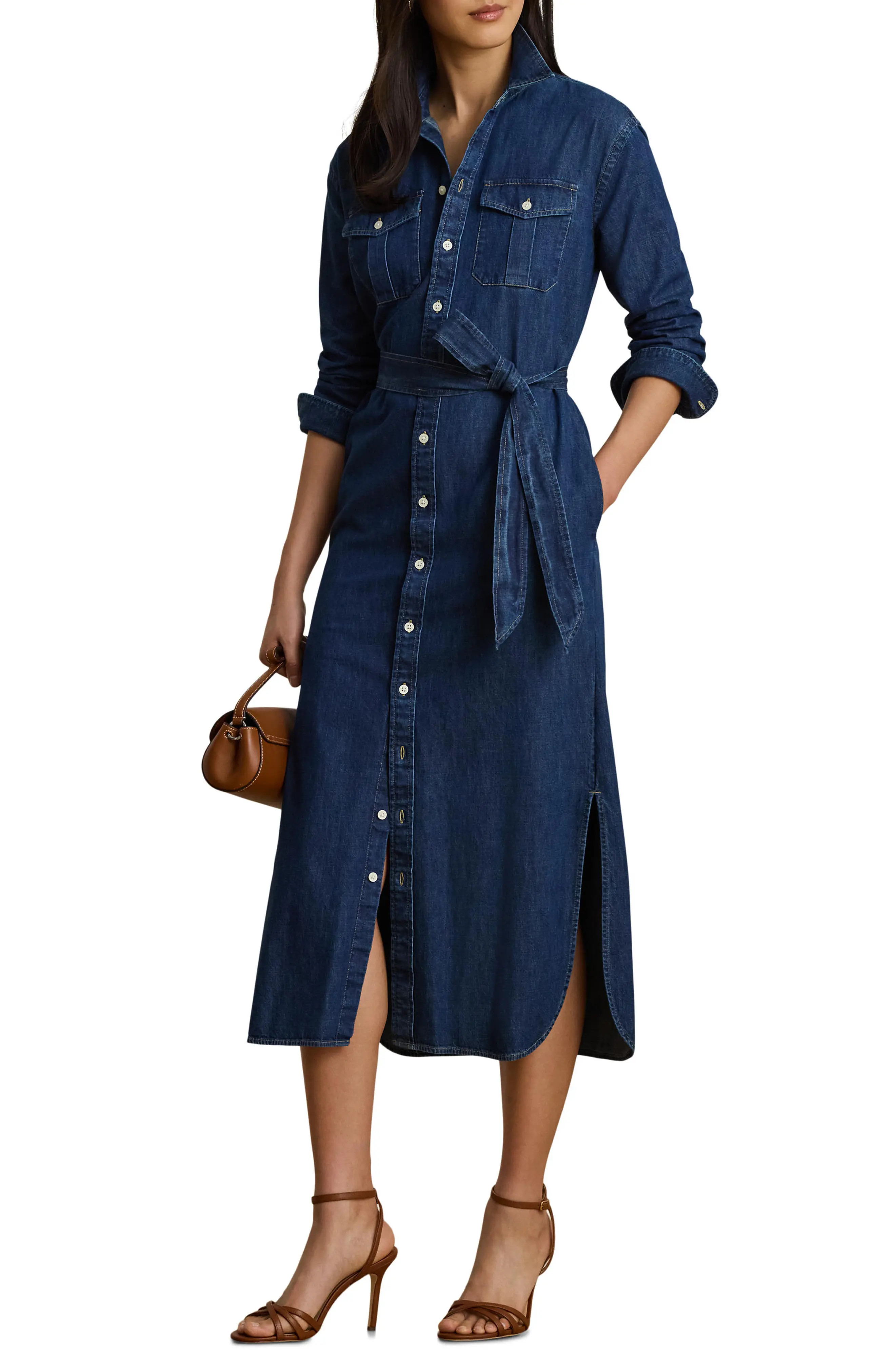 Long Sleeve Belted Cotton Denim Midi Shirtdress | Nordstrom
