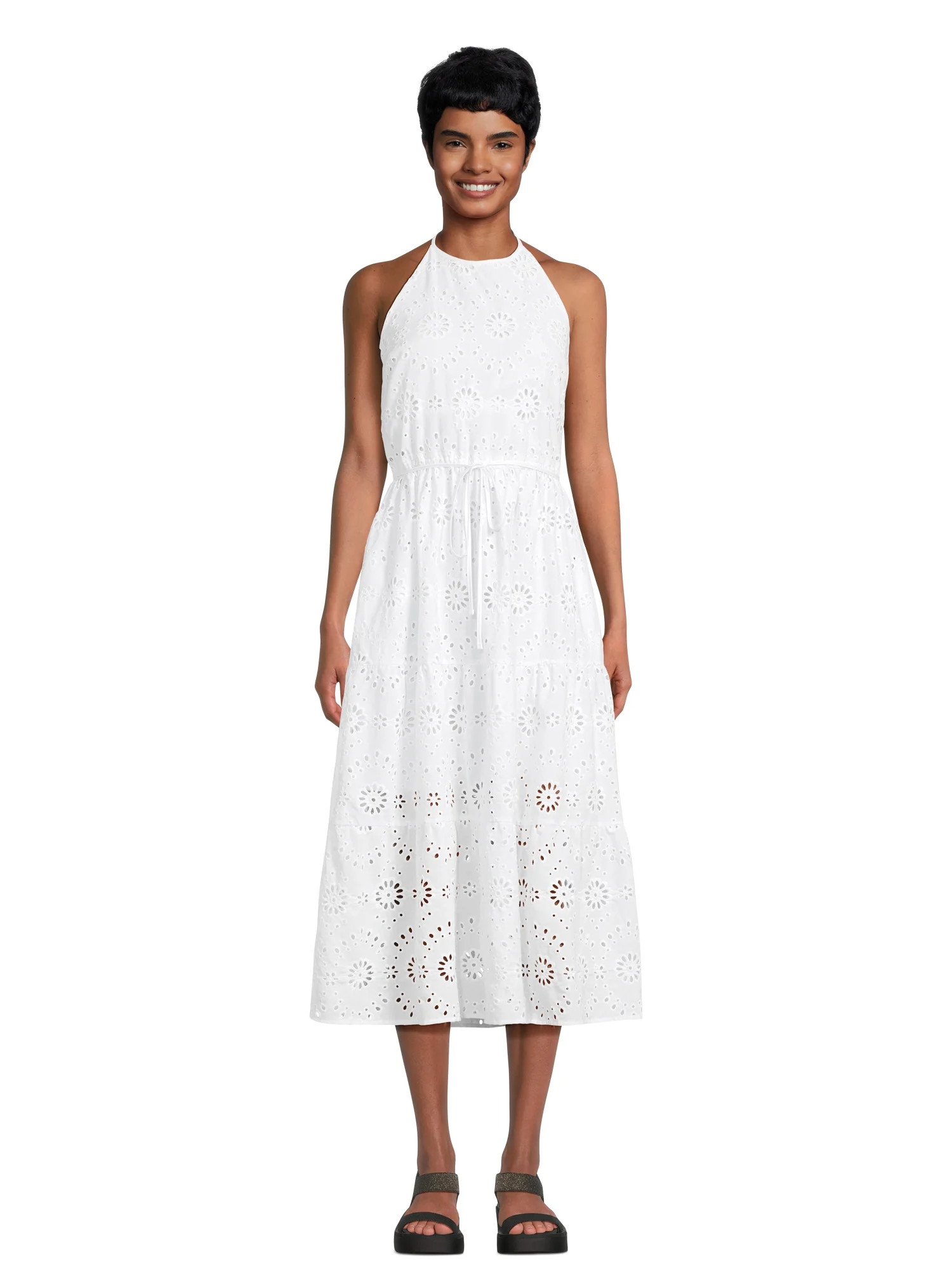 Time and Tru Women's Eyelet Halter Midi Dress with Tiered Skirt, Sizes XS-XXXL | Walmart (US)