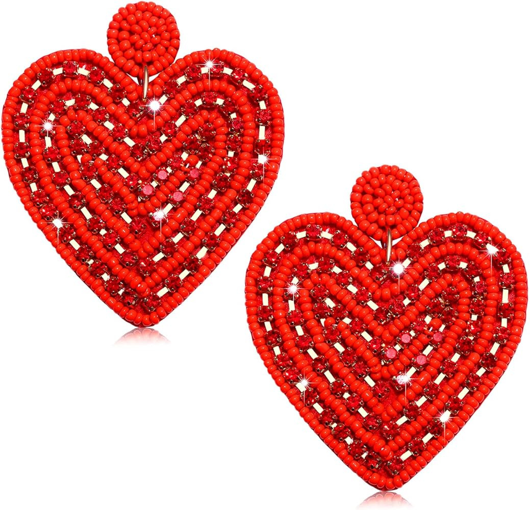 Valentine’s Day Earrings Beaded Heart Earrings for Women Handmade Rhinestone Heart Drop Dangle ... | Amazon (US)