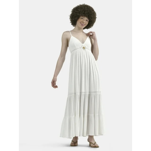 No Boundaries Tiered Maxi Dress with Crochet Lace Trim, Women's | Walmart (US)