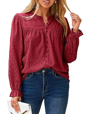 Womens Casual Tops Blouse 2025 Eyelet Embroidered Puff Long Sleeve Fall Top Dressy Lace Button Sh... | Amazon (US)