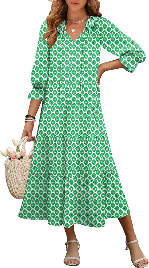 ANRABESS Women's Boho Maxi Dresses 2025 Summer Casual V Neck Puff Sleeve Floral Tiered Flowy Swin... | Amazon (US)