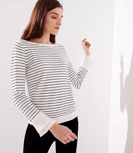 LOFT Striped Pleated Bell Cuff Sweater | LOFT