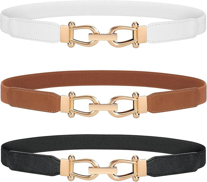 JASGOOD Women Stretchy Waist Belt Retro Elastic Skinny Belt for Ladies with Gold Buckle | Amazon (US)
