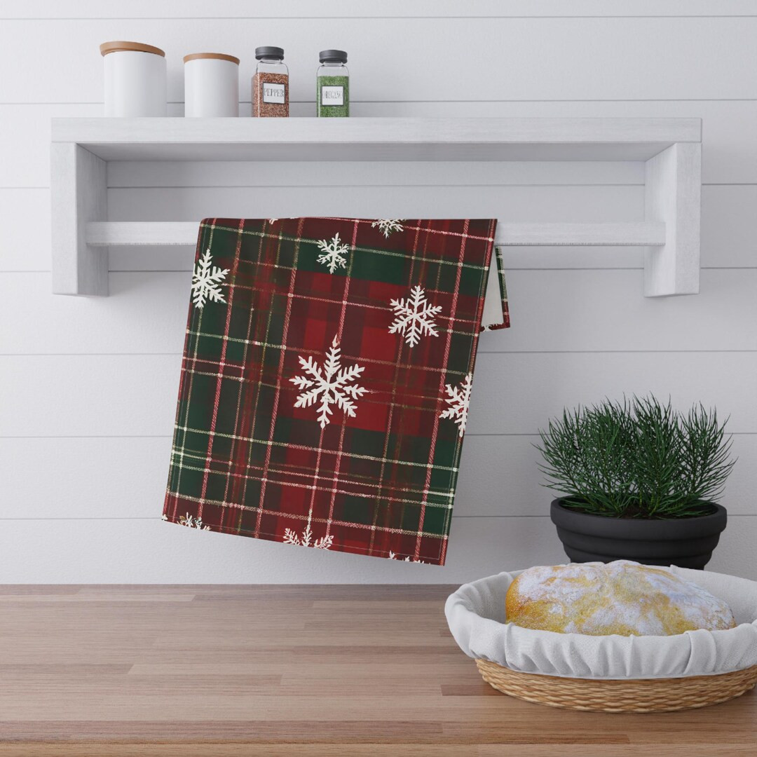 Kitchen Towel Red and Green Plaid With Snowflake Design Festive Tea Towel Decorative Dish Towel W... | Etsy (US)