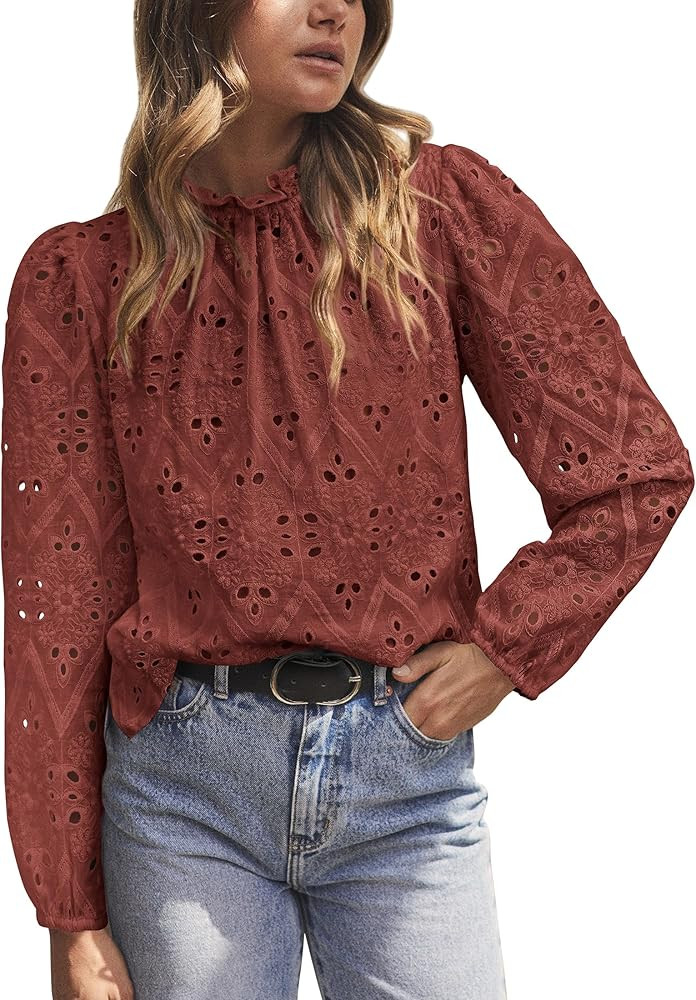 PRETTYGARDEN Womens Blouses Dressy Casual Embroidered Long Puff Sleeve Shirts Ruffle Eyelet Lace ... | Amazon (US)