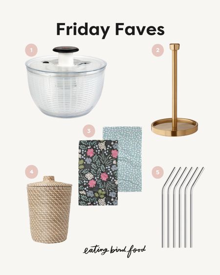 Friday Faves ✨
1️⃣ Salad season is almost here and I’m excited to break out my salad spinner. It’s the best way to dry your greens. 
2️⃣ I’ve been looking to replace our paper towel holder since we moved and finally found one I like. Love that you can just slide the roll on and don’t have to twist off the top. 
3️⃣ Isaac got me a couple of these kitchen towels and I love them. They’re super absorbent and there are so many patterns to choose from. 
4️⃣ Kind of random, but this is the best bathroom trash can. From Target but looks like it could be from Serena & Lily. 
5️⃣ I use these every day for my iced coffee but I don’t think I’ve ever shared them before! 



#LTKSeasonal #LTKhome
