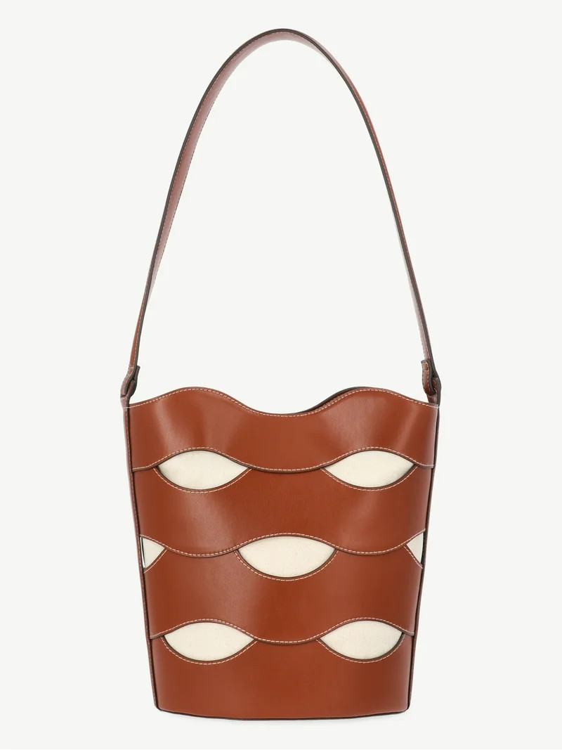 Free Assembly Women's Maria Cut Out Bucket Bag, Cognac/Cream | Walmart (US)