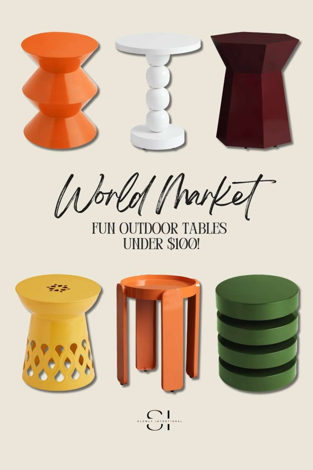 World Market finds, Outdoor side table, Affordable patio decor, Mid century modern outdoor, Eclectic home finds, Organic modern furniture, Colorful garden stool, Budget friendly patio, Sculptural side table, Backyard styling 

 #LTKSeasonal #LTKHome
