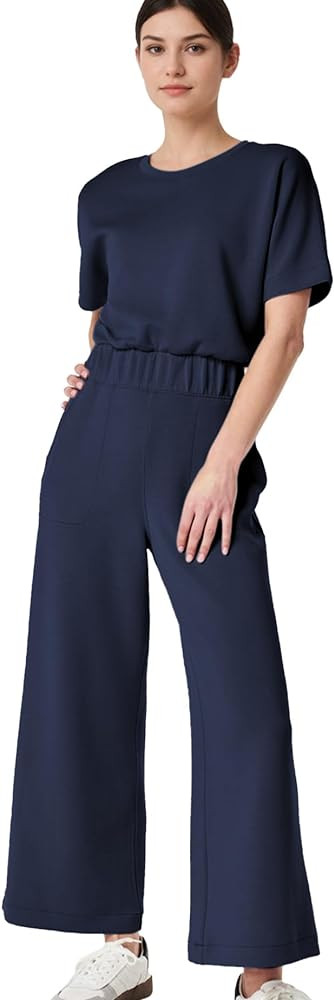 Jumpsuits for Women Casual Short Sleeve Cropped Wide Leg Pants Summer Loose One Piece Romper Jump... | Amazon (US)