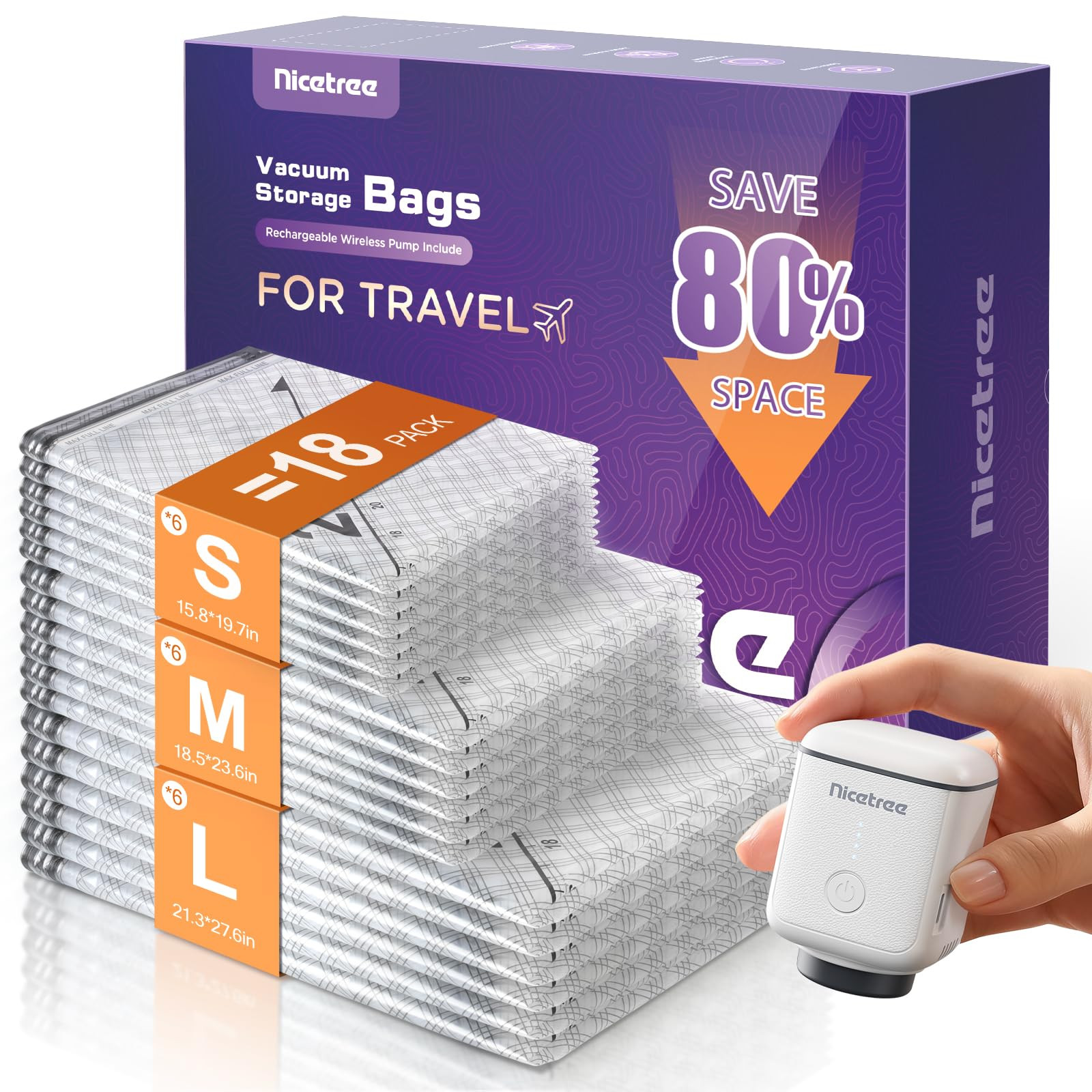 Nicetree 18-Pack Vacuum Seal Bags with Rechargeable Wireless Pump | 3 Sizes (20/24/28 Inch) Trave... | Amazon (US)