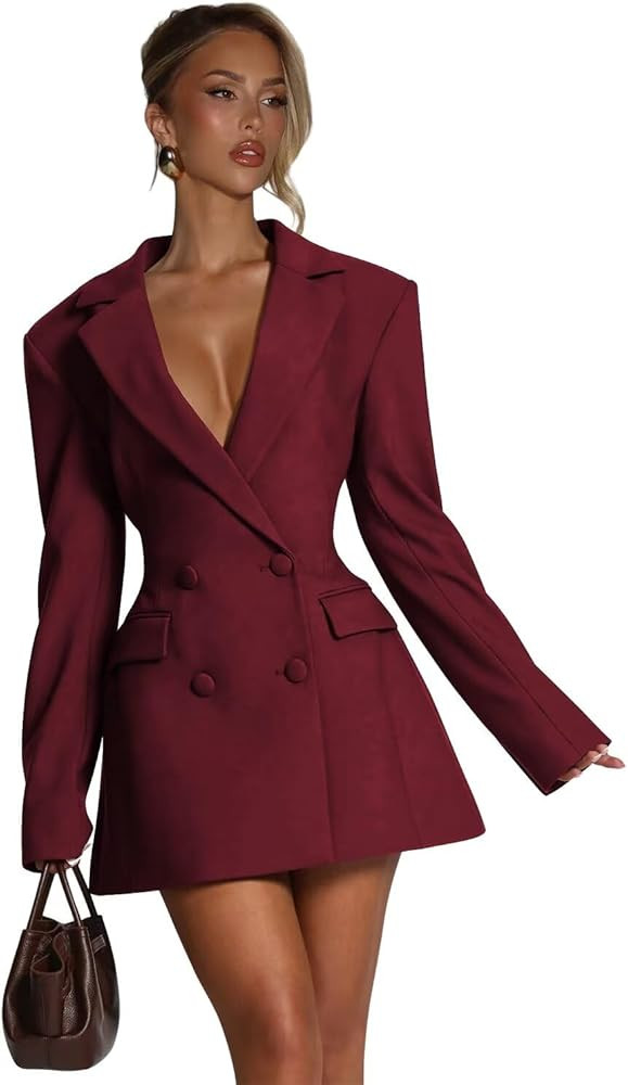 Blazer Dress for Women Sexy Elegant Double Breasted Blazer Dress Long Sleeve Jacket Dresses V Nec... | Amazon (US)