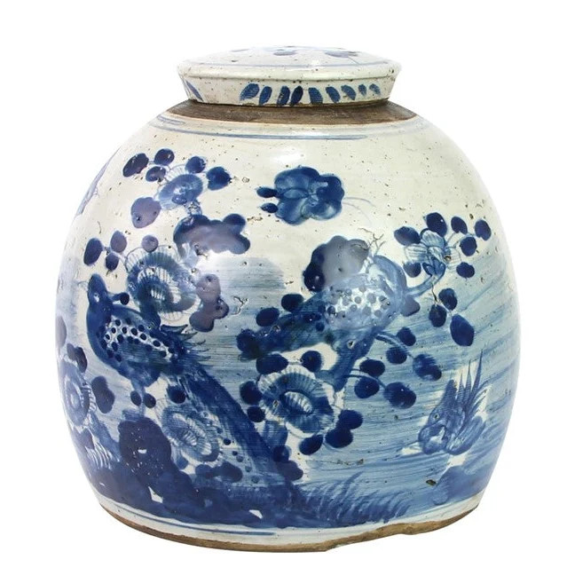 Extra Large Antiqued Bird/Floral Flat Top Jar | The Enchanted Home
