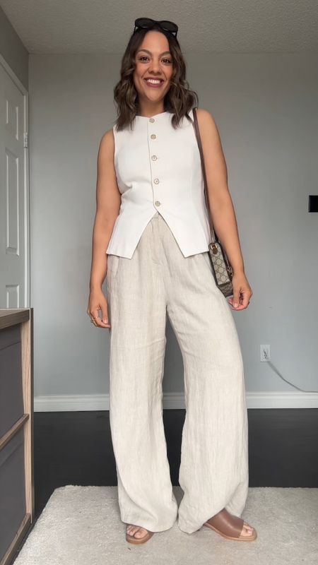 Classy summer outfit!!

-Beige wide leg linen pants from Dissh, size 8. Fit a bit big!
-Aritzia white high line vest. I have a size 10. 
-Same shoes as outfit 2. 
-Gucci horsebit mini crossbody bag  
-Sunglasses are the Celine Triomphe black rounded sunglasses in acetate. 


#LTKstyletip #LTKworkwear #LTKsummer